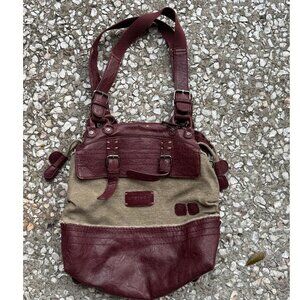 Sherpani Nola Burgundy Tan Canvas Tote w/ Leather Trim Zip Top Pockets